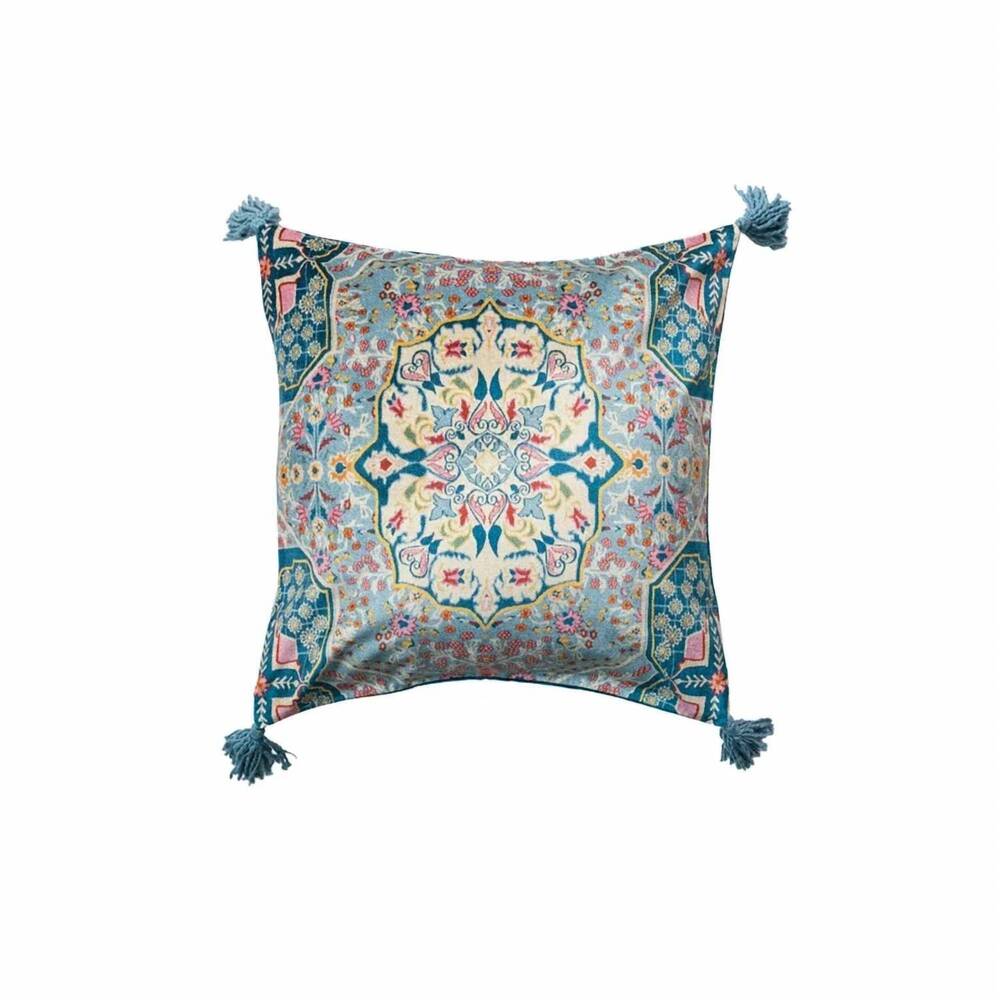 NEW CREATIVE CO-OP velvet printed tasseled pillow in teal